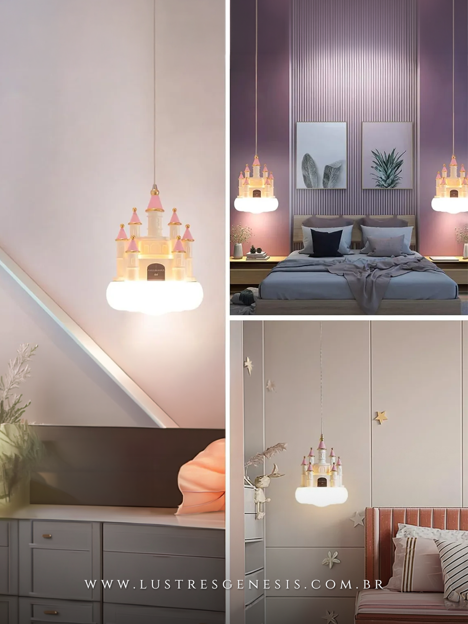 Lustre Infantil Pendente Castelo Princesa Rosa Branco Iluminacao LED Decorativa para Quarto Infantil Quarto Menina Cabeceira